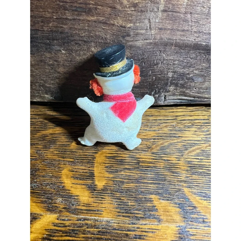 Vintage Flocked Snowman Figurine Mid Century Christmas Decor Top Hat Scarf 3